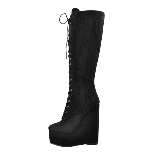 Suede Round Toe Wedge Heel Lace Up Zip Knee High Boots - Onlymaker Trusted