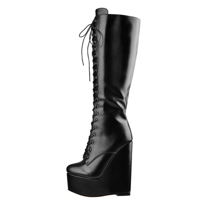 Round Toe Wedge Heel Lace Up Zip Knee High Boots - Onlymaker New