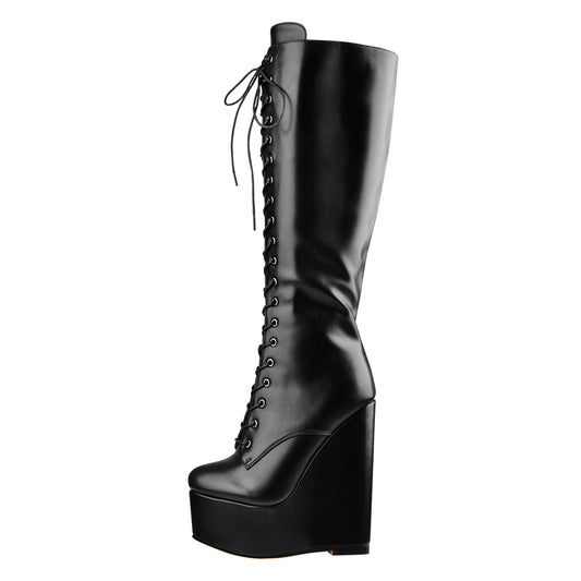 Round Toe Wedge Heel Lace Up Zip Knee High Boots - Onlymaker New
