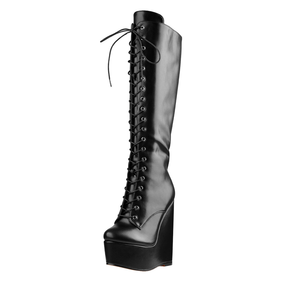 Round Toe Wedge Heel Lace Up Zip Knee High Boots - Onlymaker New