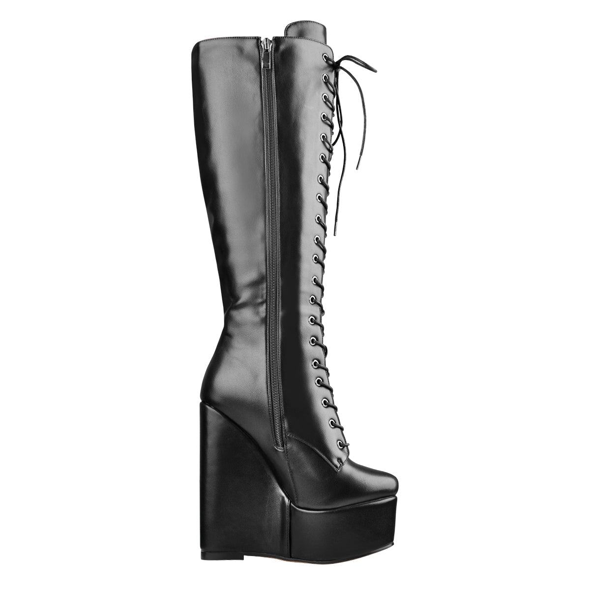 Round Toe Wedge Heel Lace Up Zip Knee High Boots - Onlymaker New