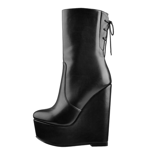 Round Toe Black Lace Up Zip Wedges Ankle Boots - Onlymaker Popular