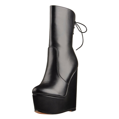 Round Toe Black Lace Up Zip Wedges Ankle Boots - Onlymaker Popular