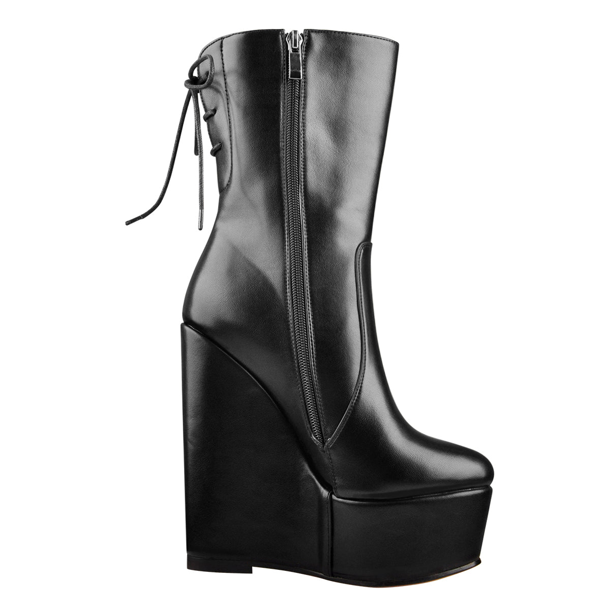 Round Toe Black Lace Up Zip Wedges Ankle Boots - Onlymaker Popular