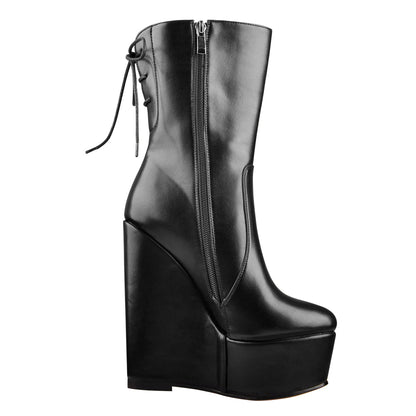 Round Toe Black Lace Up Zip Wedges Ankle Boots - Onlymaker Popular
