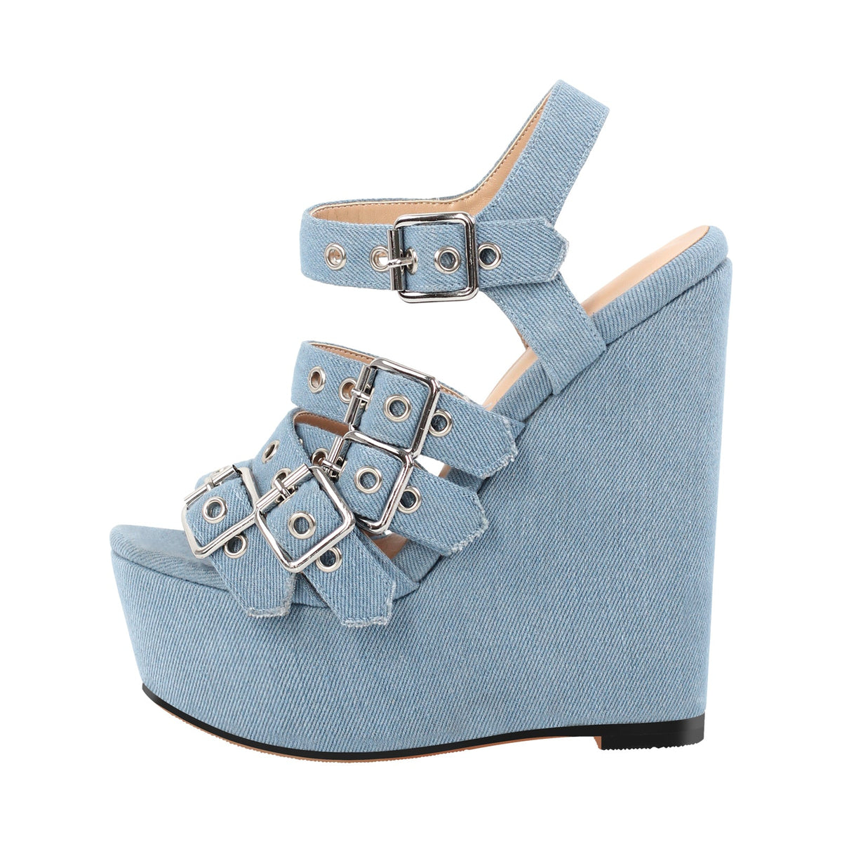 Denim Platform Wedge Heel Buckle Strap Sandals - Onlymaker Hot Sale