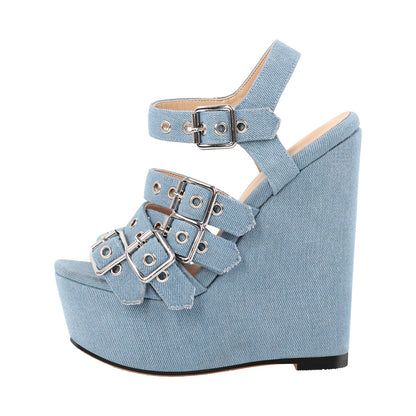Denim Platform Wedge Heel Buckle Strap Sandals - Onlymaker Hot Sale