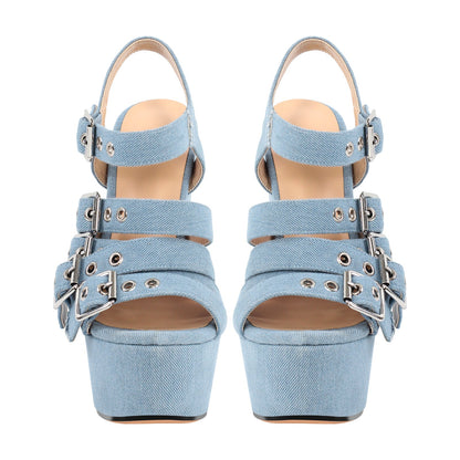 Denim Platform Wedge Heel Buckle Strap Sandals - Onlymaker Hot Sale