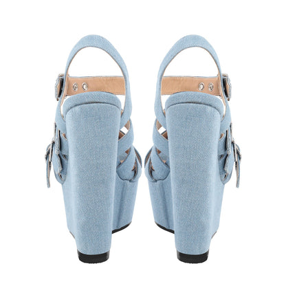 Denim Platform Wedge Heel Buckle Strap Sandals - Onlymaker Hot Sale