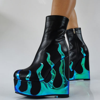 Flame Print Platform Round Toe Wedge Heel Boots - Onlymaker Classic