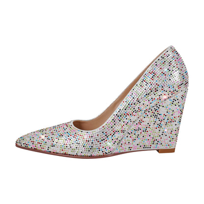 Rhinestone Pointed Toe Wedge Heel Pumps - Onlymaker Popular