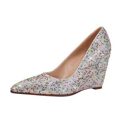 Rhinestone Pointed Toe Wedge Heel Pumps - Onlymaker Popular