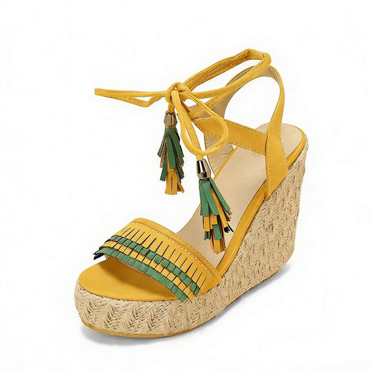 Straw Platform Fringe Lace-up Wedge Heel Sandals - Onlymaker Signature