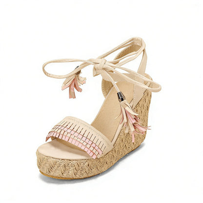 Straw Platform Fringe Lace-up Wedge Heel Sandals - Onlymaker Signature