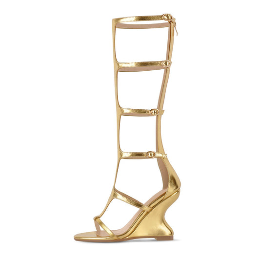 Round Toe Multi Buckles T-Strap Wedge Heel Sandals - Onlymaker Exclusive