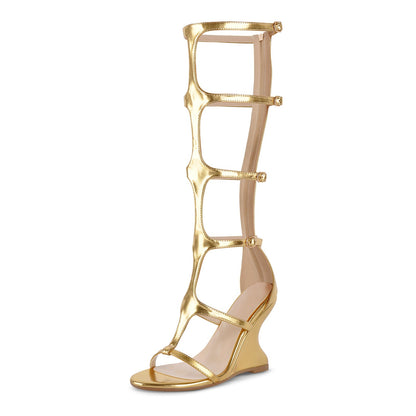 Round Toe Multi Buckles T-Strap Wedge Heel Sandals - Onlymaker Exclusive