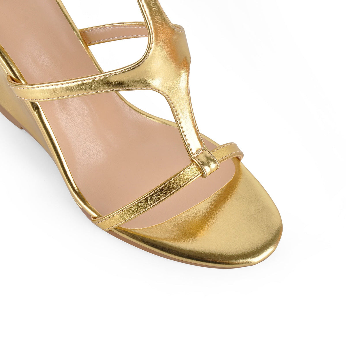Round Toe Multi Buckles T-Strap Wedge Heel Sandals - Onlymaker Exclusive