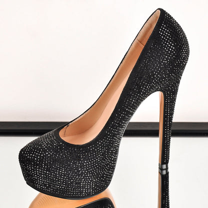 Black Platform Glitter Round Toe Stilettos Pumps - Onlymaker Hot Sale