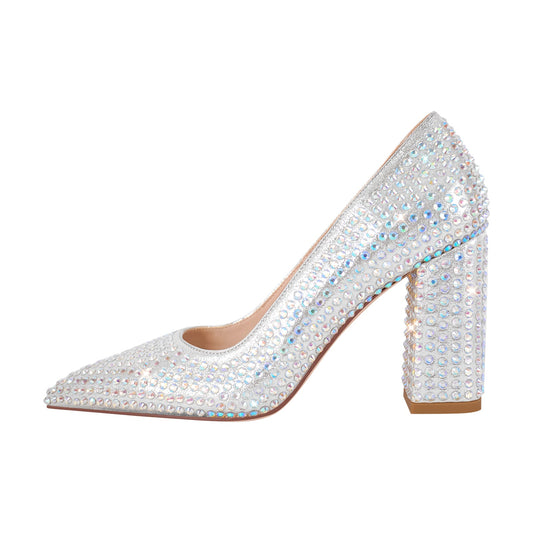 Rhinestone Pointed Toe Chunky Heel Pumps - Onlymaker Classic