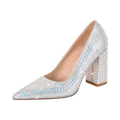 Rhinestone Pointed Toe Chunky Heel Pumps - Onlymaker Classic