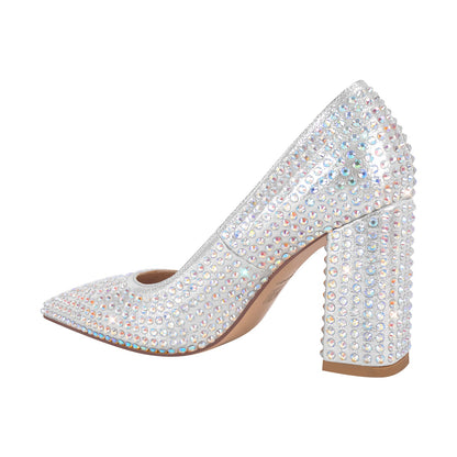 Rhinestone Pointed Toe Chunky Heel Pumps - Onlymaker Classic