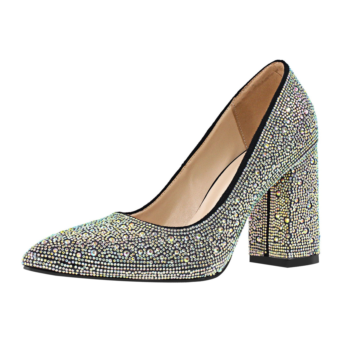 Rhinestone Pointed Toe Chunky Heel Pumps - Onlymaker Quality