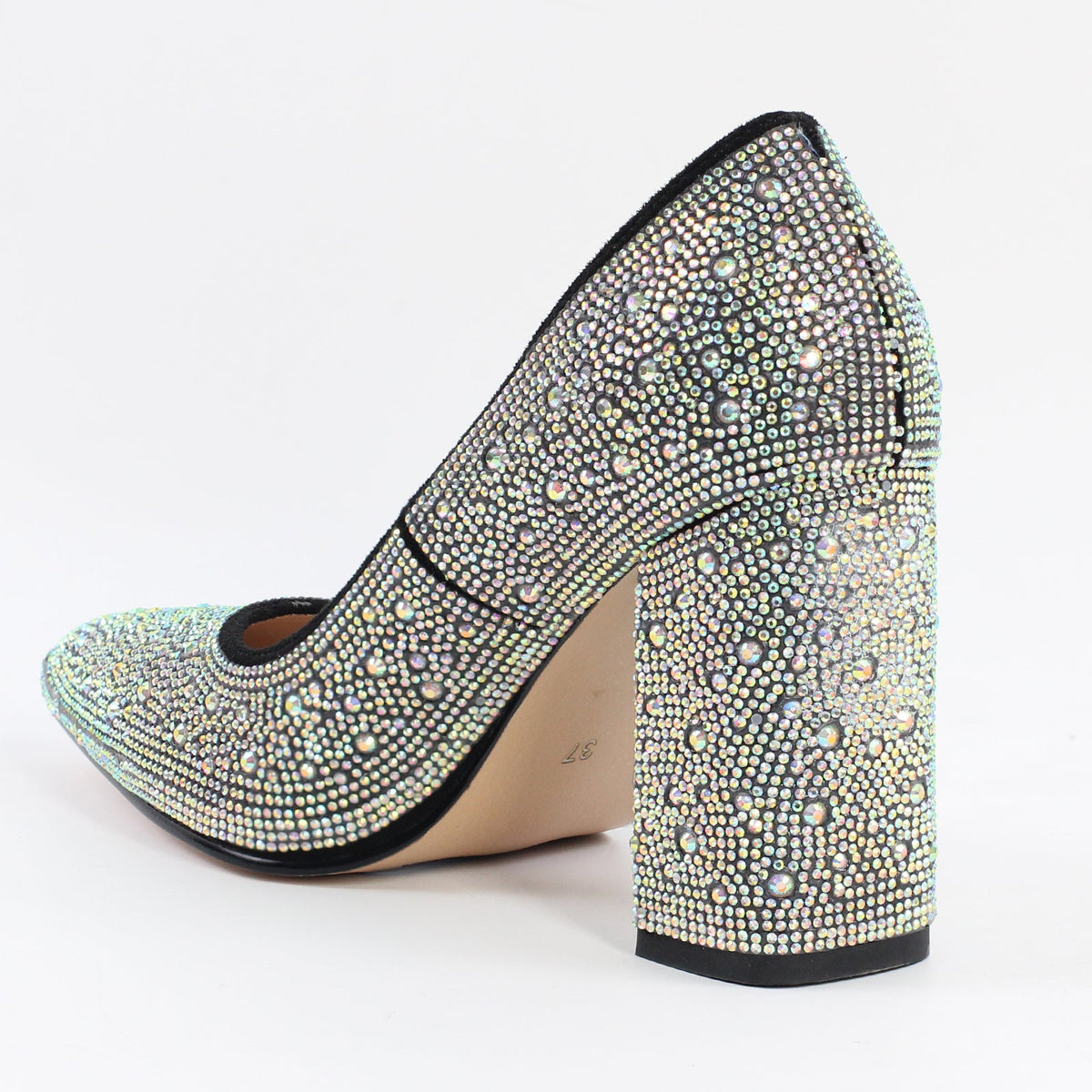 Rhinestone Pointed Toe Chunky Heel Pumps - Onlymaker Quality