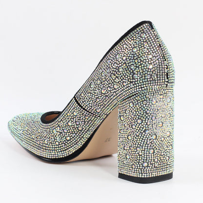 Rhinestone Pointed Toe Chunky Heel Pumps - Onlymaker Quality