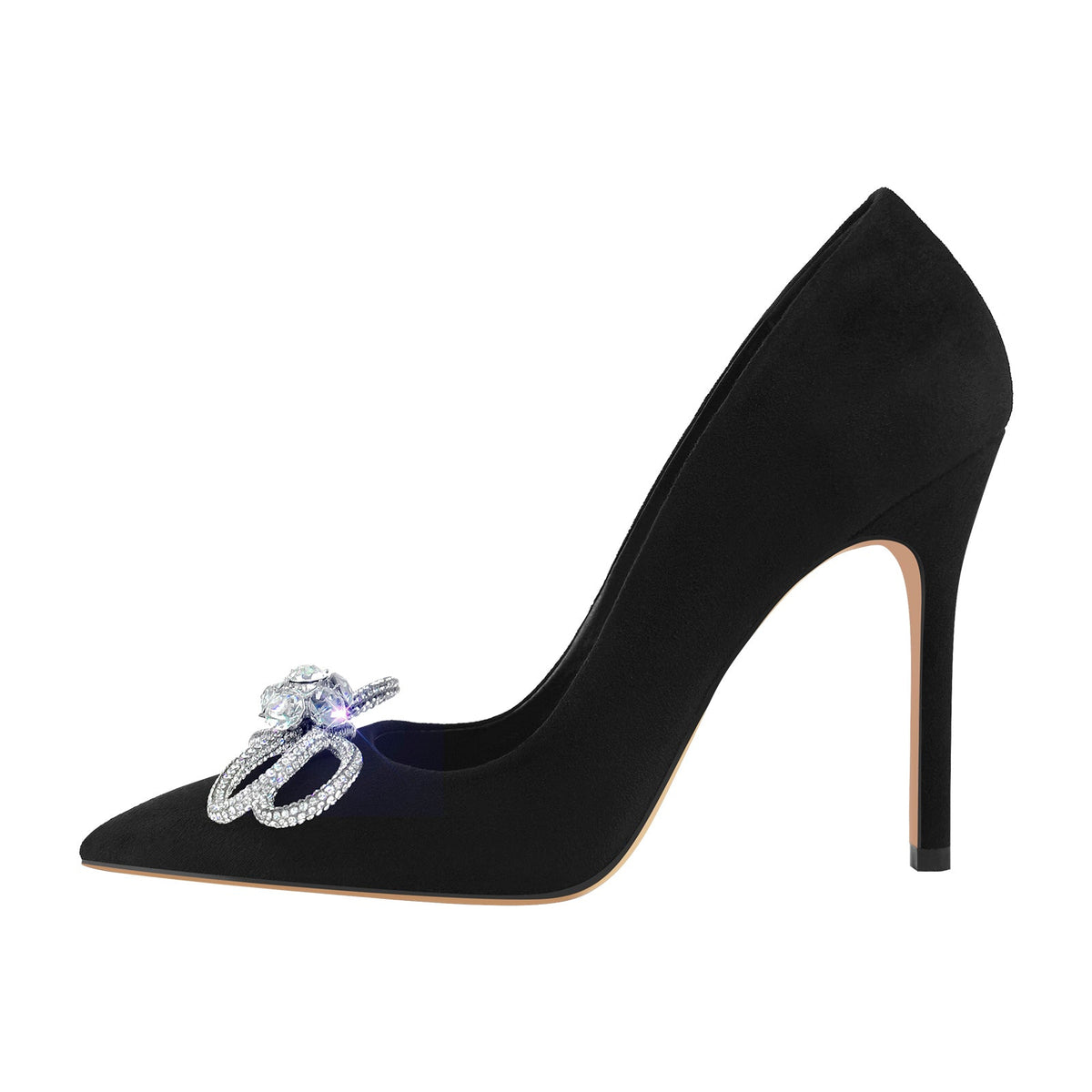 Rhinestone Bow Pointed Toe Black Suede Heels Stiletto Pumps - Onlymaker Quality