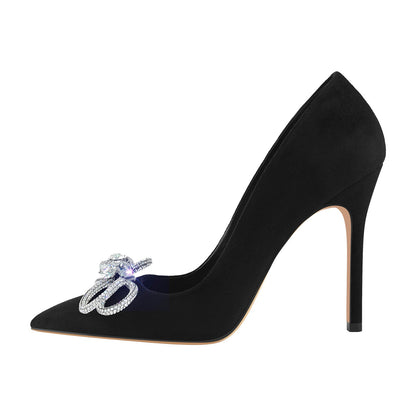 Rhinestone Bow Pointed Toe Black Suede Heels Stiletto Pumps - Onlymaker Quality