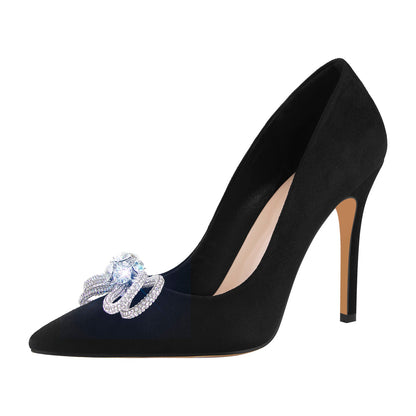 Rhinestone Bow Pointed Toe Black Suede Heels Stiletto Pumps - Onlymaker Quality