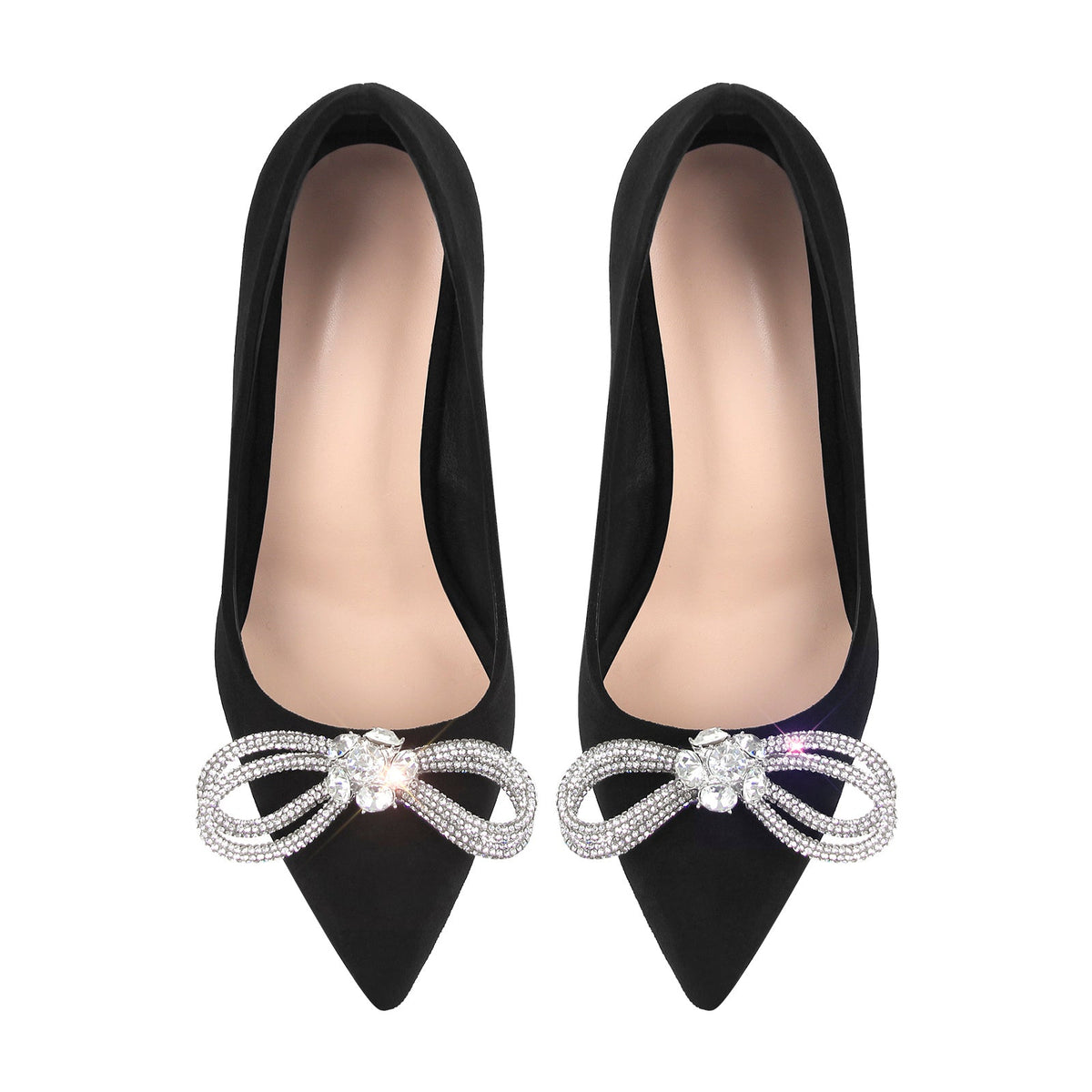 Rhinestone Bow Pointed Toe Black Suede Heels Stiletto Pumps - Onlymaker Quality