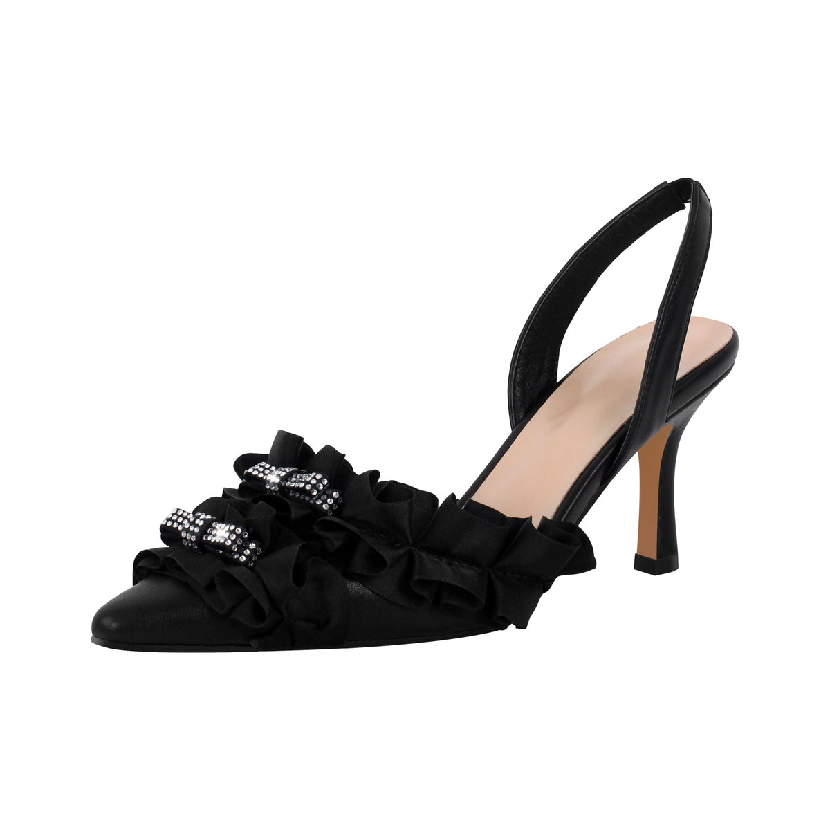 Rhinestone Lace Bow Pointed Toe Stiletto Slingback Pumps - Onlymaker Great Value
