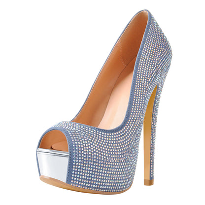 Blue Rhinestone Peep Toe Platform Stiletto High Heel Pumps - Onlymaker Top Pick