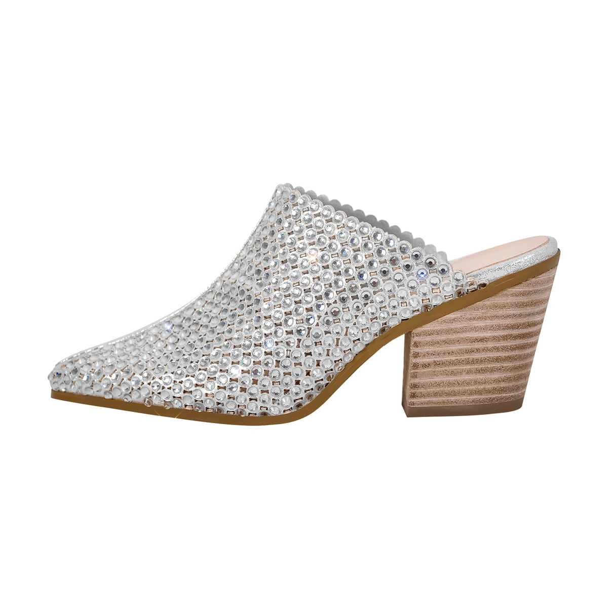 Rhinestone Wooden Chunky Heel Mules - Onlymaker Everyday