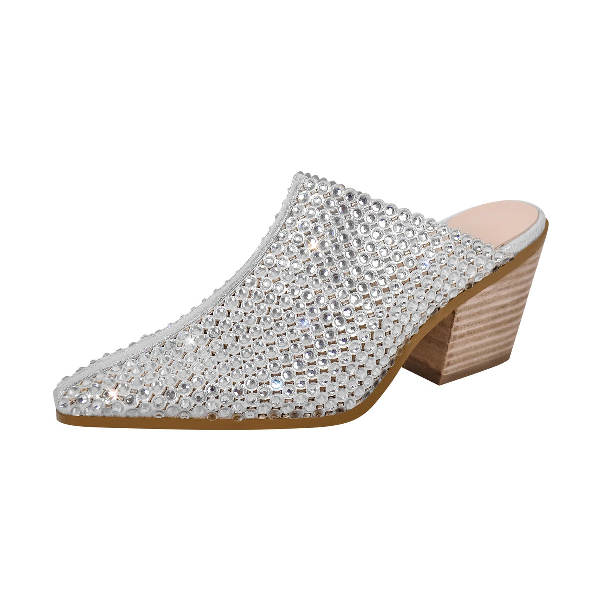 Rhinestone Wooden Chunky Heel Mules - Onlymaker Everyday