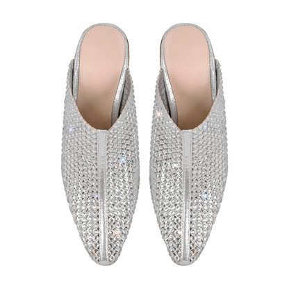 Rhinestone Wooden Chunky Heel Mules - Onlymaker Everyday