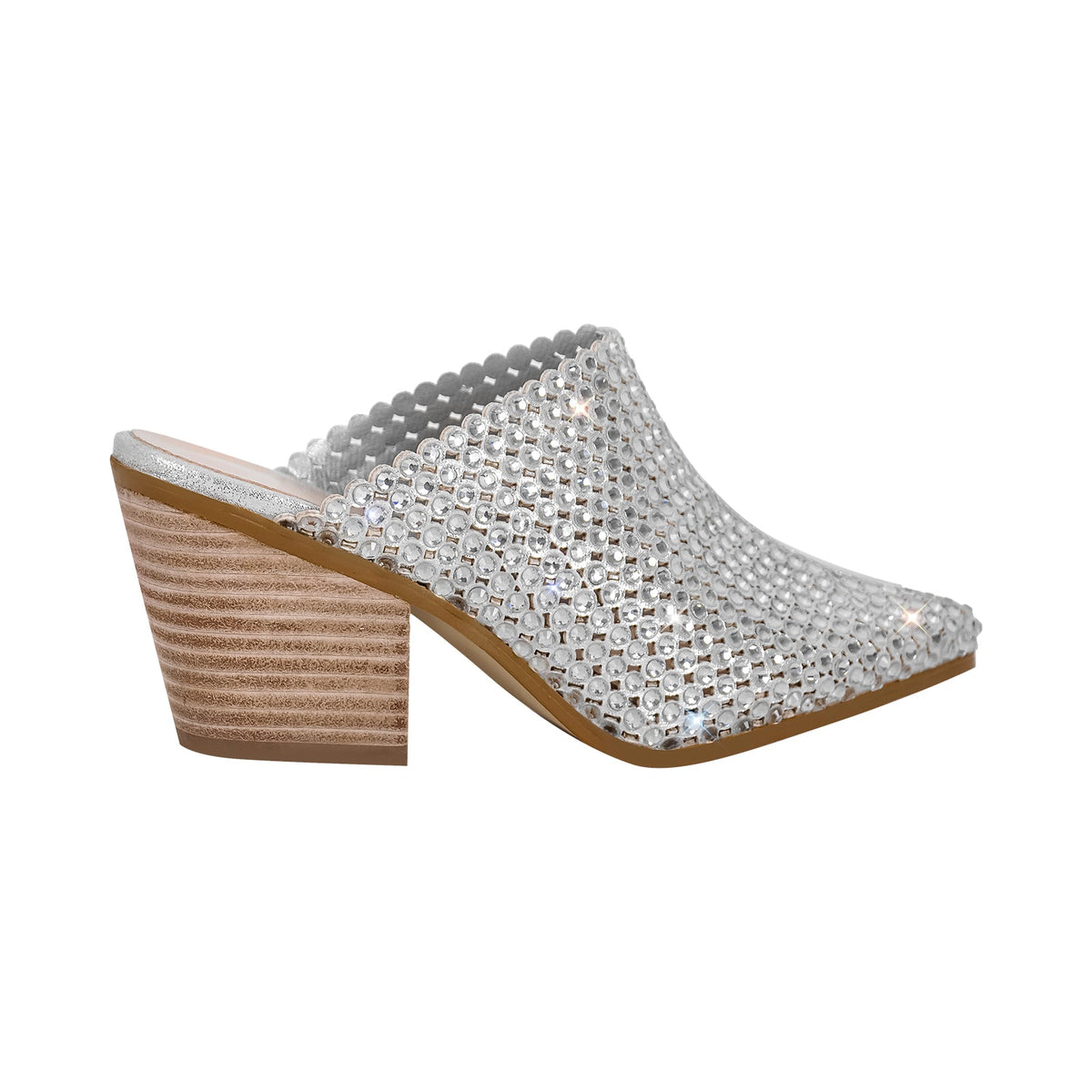 Rhinestone Wooden Chunky Heel Mules - Onlymaker Everyday