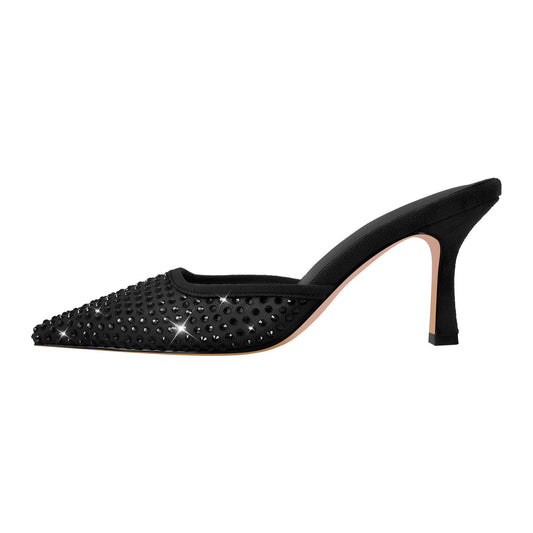 Pointed Toe Rhinestone Slip On Mules - Onlymaker Quality