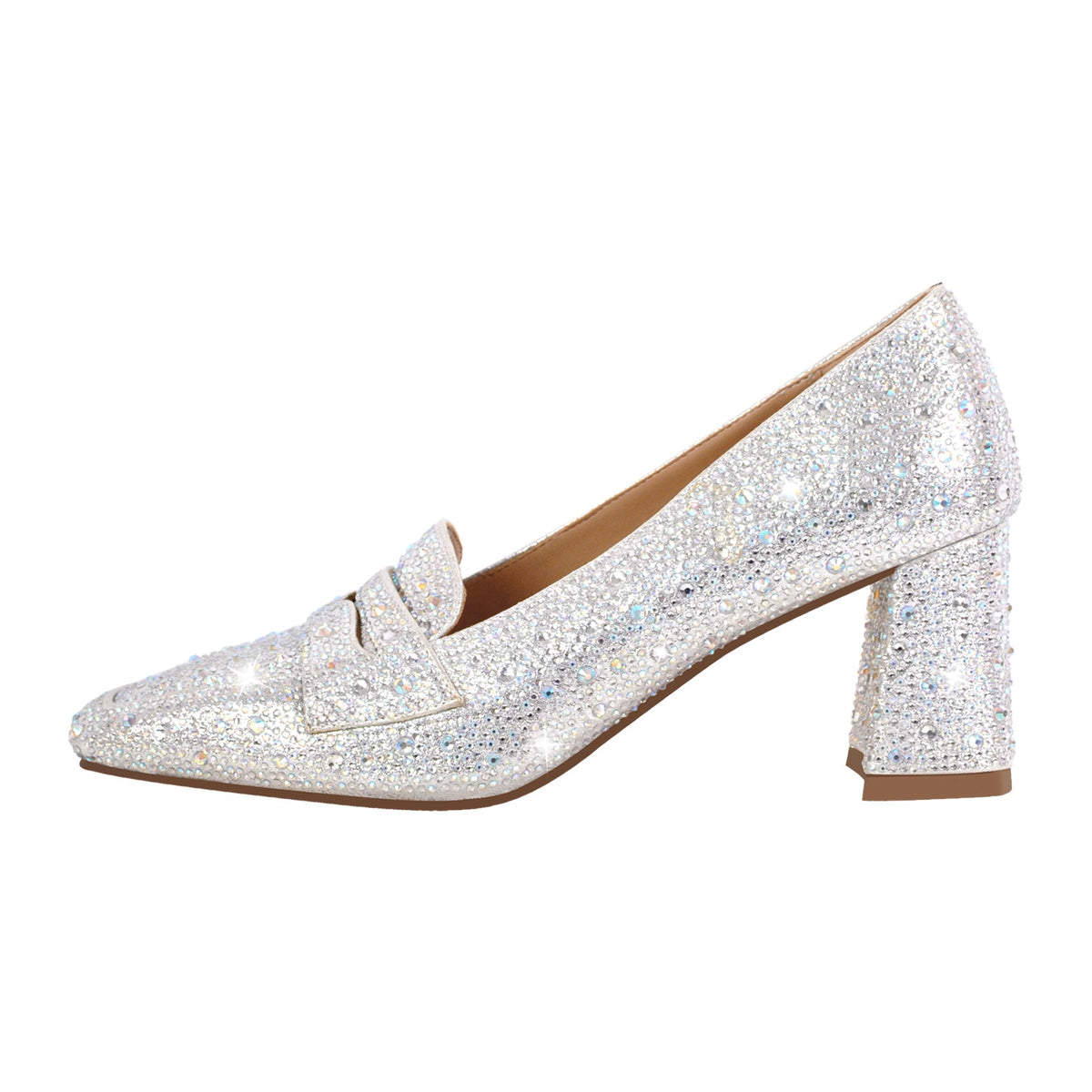 Silver Rhinestone Square Toe Chunky Heel Pumps - Onlymaker Quality