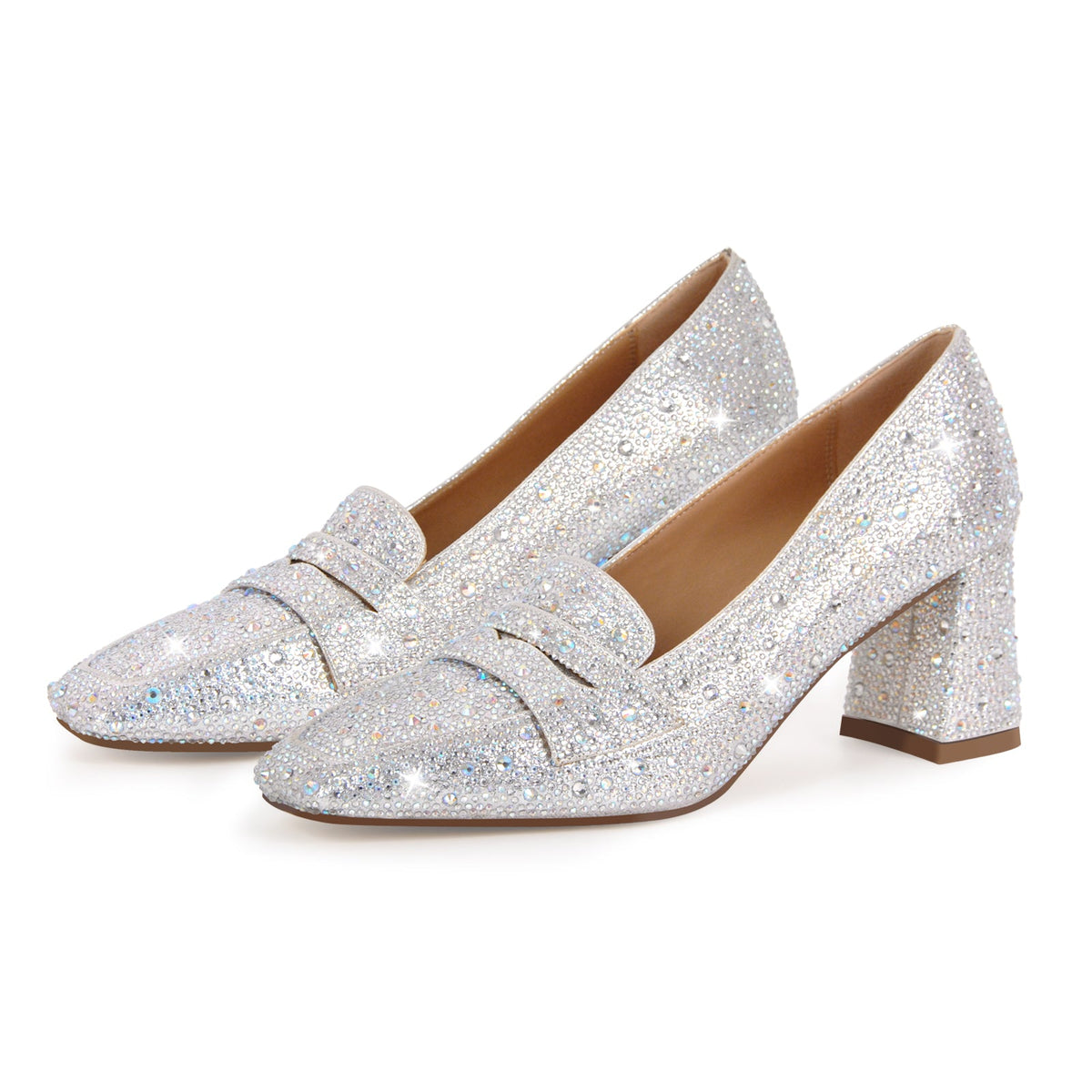 Silver Rhinestone Square Toe Chunky Heel Pumps - Onlymaker Quality