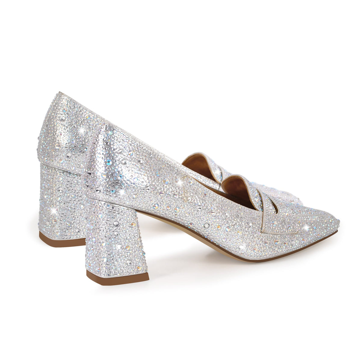 Silver Rhinestone Square Toe Chunky Heel Pumps - Onlymaker Quality