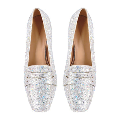 Silver Rhinestone Square Toe Chunky Heel Pumps - Onlymaker Quality