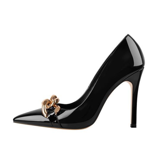 Black Metal Chain Pointed Toe Patent High Heels Stiletto Pumps - Onlymaker Classic