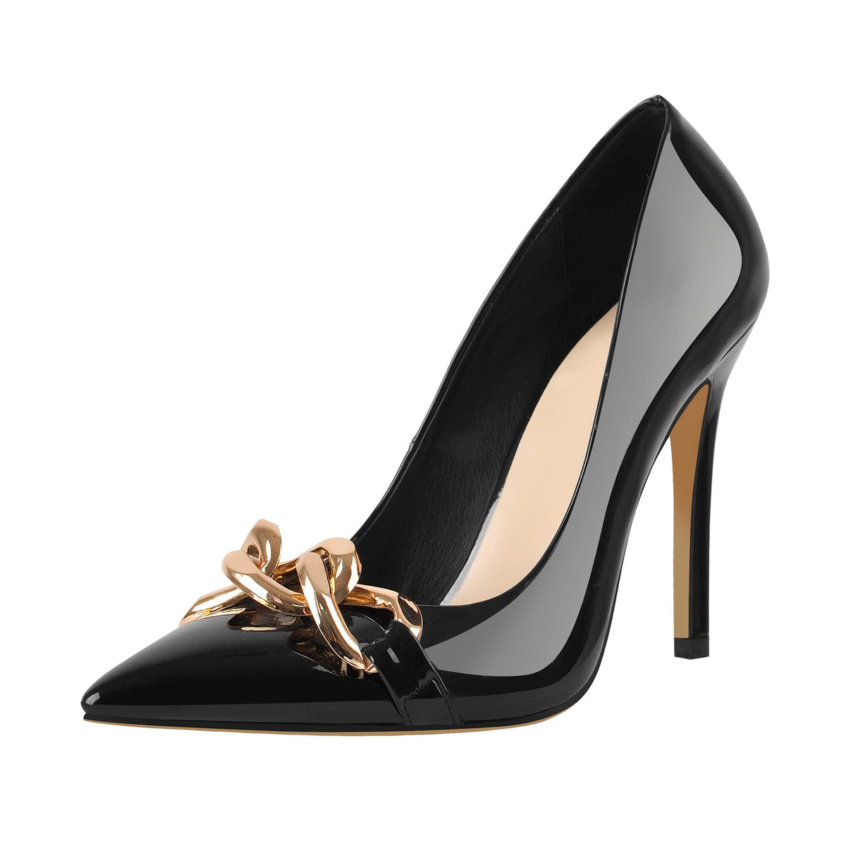 Black Metal Chain Pointed Toe Patent High Heels Stiletto Pumps - Onlymaker Classic