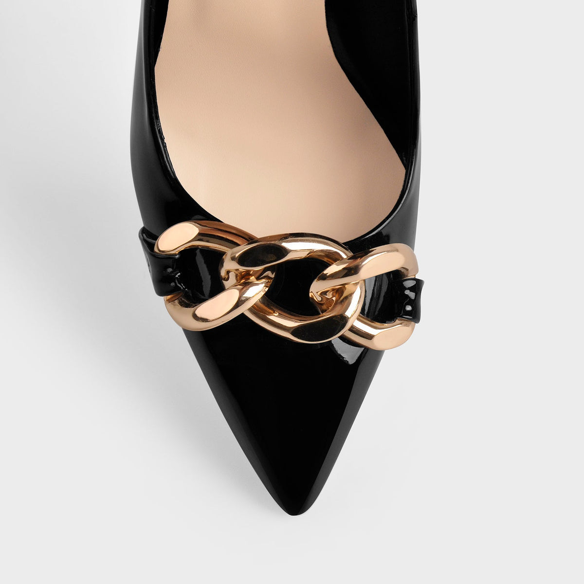 Black Metal Chain Pointed Toe Patent High Heels Stiletto Pumps - Onlymaker Classic