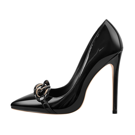 Black Pointed Toe Metal Chain Stiletto Pumps - Onlymaker Deals