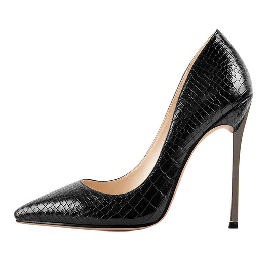 Black Leather Metal Heels Pointed Toe High Heel Pumps - Onlymaker Deals