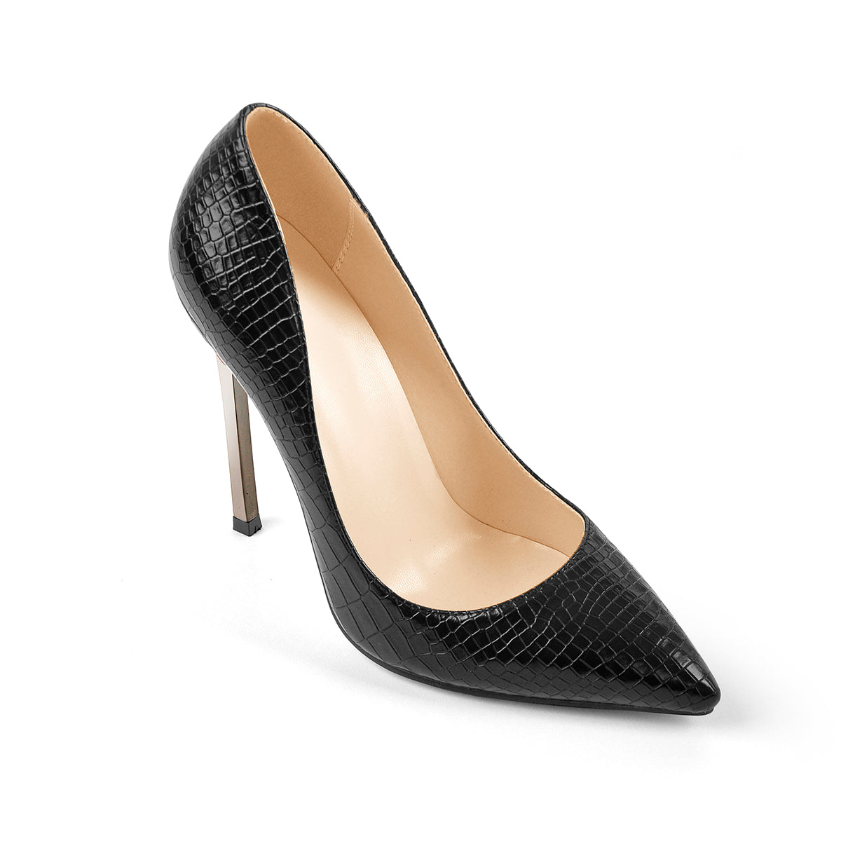 Black Leather Metal Heels Pointed Toe High Heel Pumps - Onlymaker Deals