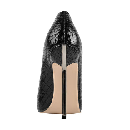 Black Leather Metal Heels Pointed Toe High Heel Pumps - Onlymaker Deals